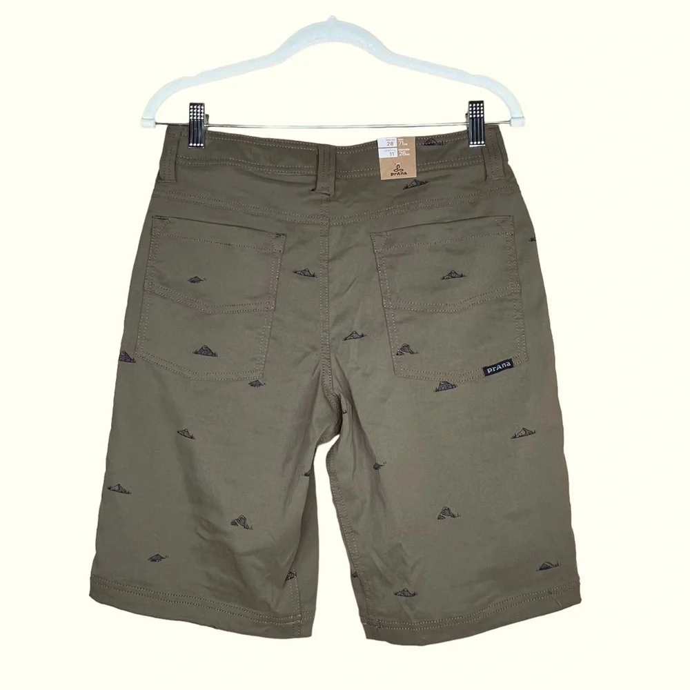 Prana Men’s Brion Olive Green Nylon Shorts With Mountain Print Size 28 X…